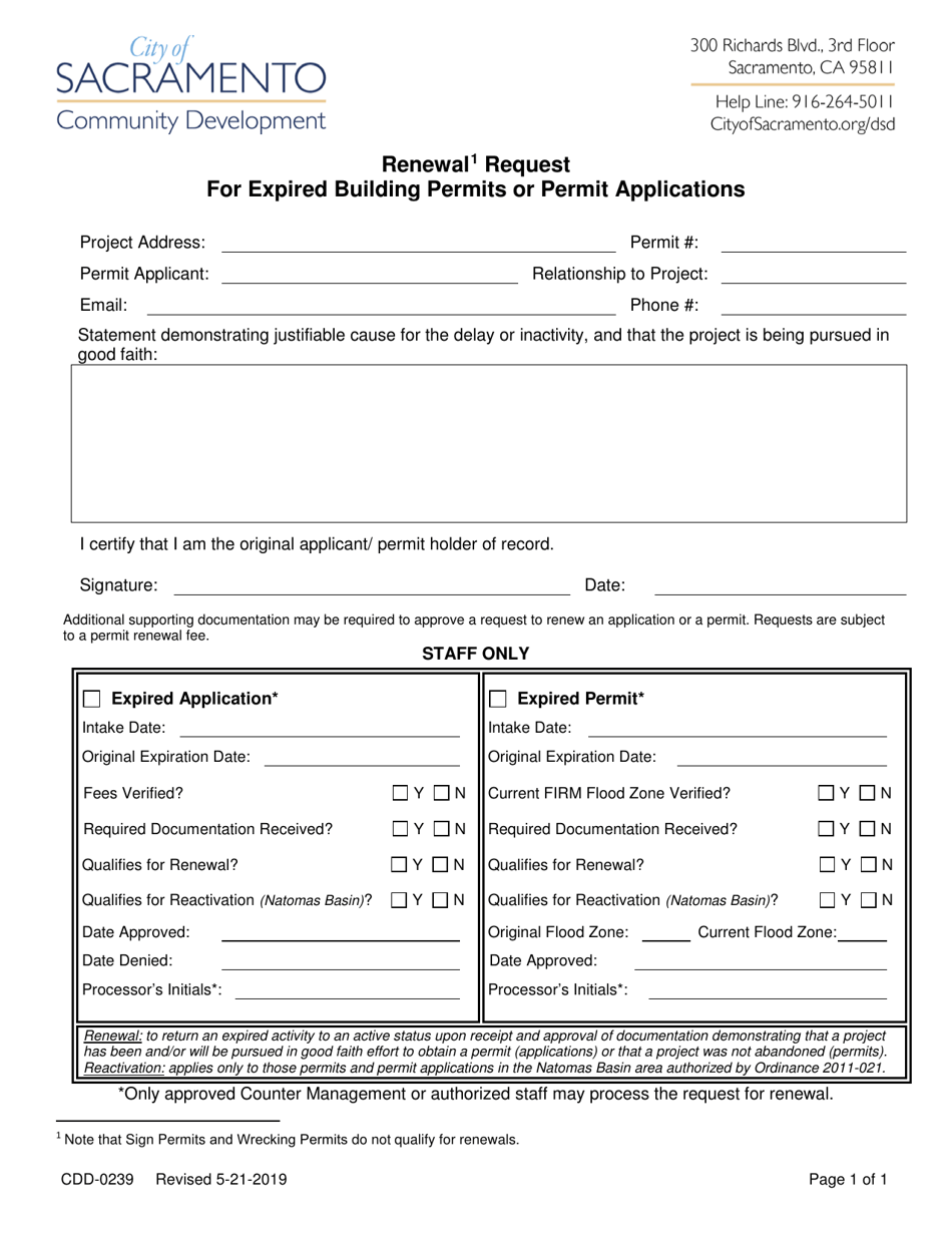 Form CDD-0239 Renewal Request for Expired Building Permits or Permit Applications - City of Sacramento, California, Page 1