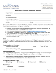 Form CDD-0291 After-Hours/Overtime Inspection Request - City of Sacramento, California