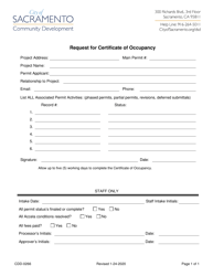 Document preview: Form CDD-0266 Request for Certificate of Occupancy - City of Sacramento, California