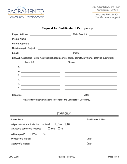 Form CDD-0266 Request for Certificate of Occupancy - City of Sacramento, California