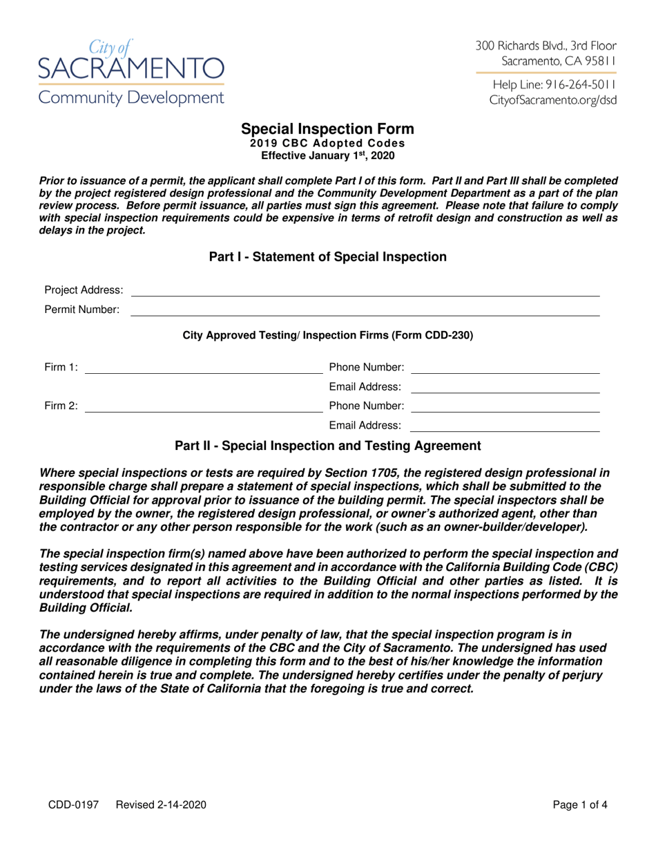 Form CDD-0197 Special Inspection Form - City of Sacramento, California, Page 1