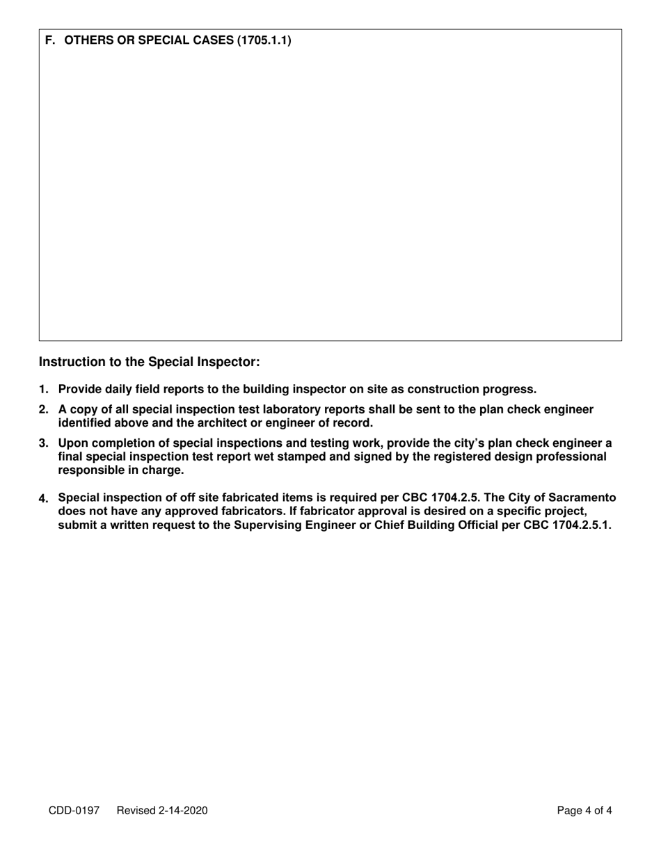 Form CDD-0197 Special Inspection Form - City of Sacramento, California, Page 4