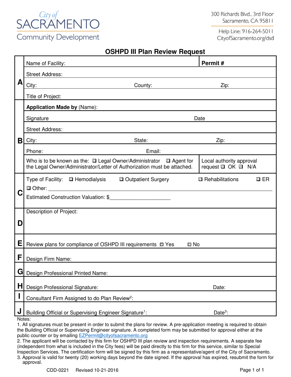 Form CDD-0221 Oshpd Iii Plan Review Request - City of Sacramento, California, Page 1