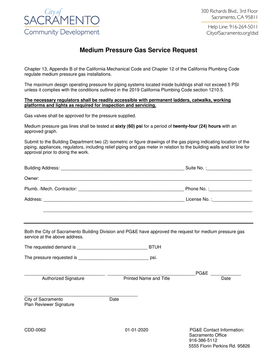 Form CDD-0062 Medium Pressure Gas Service Request - City of Sacramento, California, Page 1