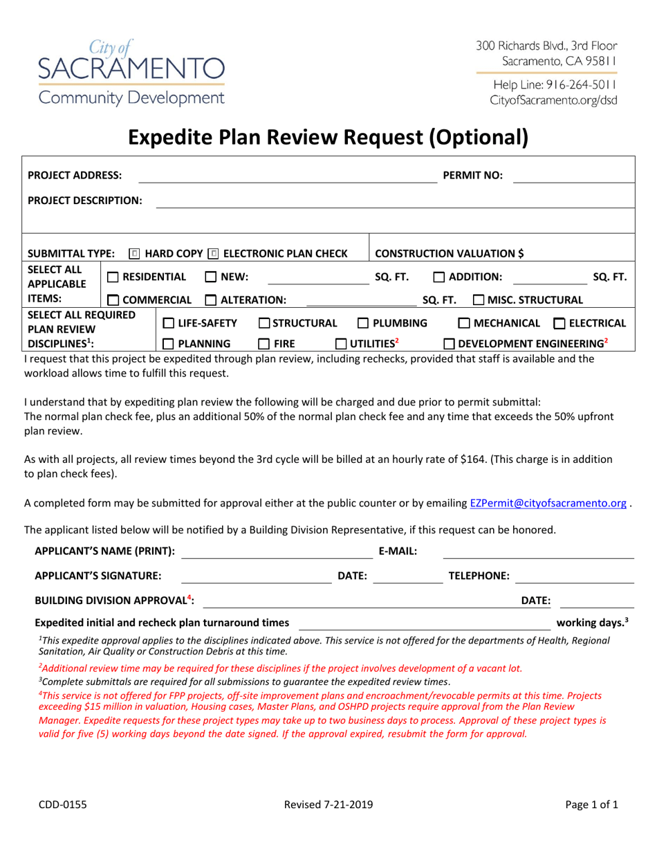 Form CDD-0155 Expedite Plan Review Request (Optional) - City of Sacramento, California, Page 1