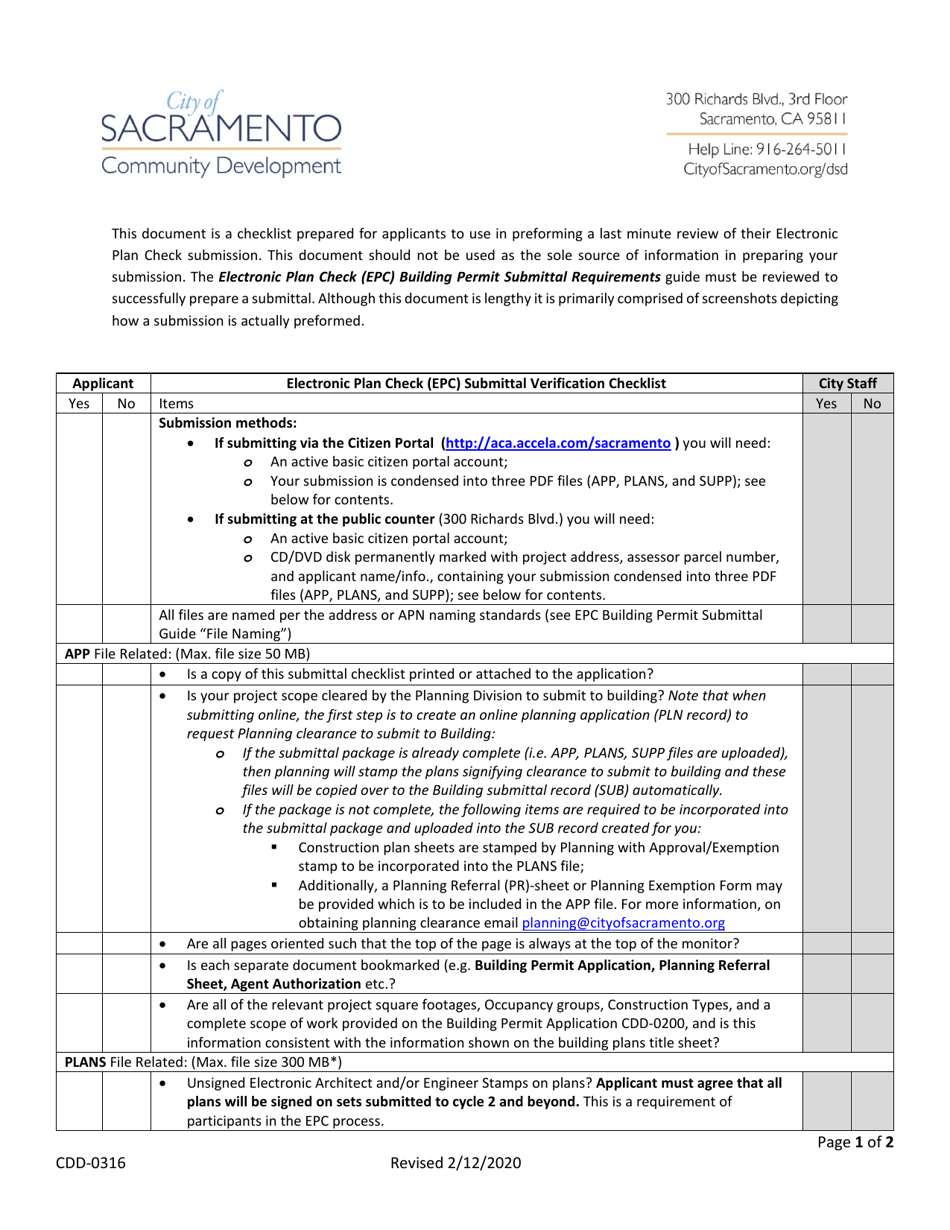Form CDD-0316 Electronic Plan Check (Epc) Submittal Verification Checklist - City of Sacramento, California, Page 1