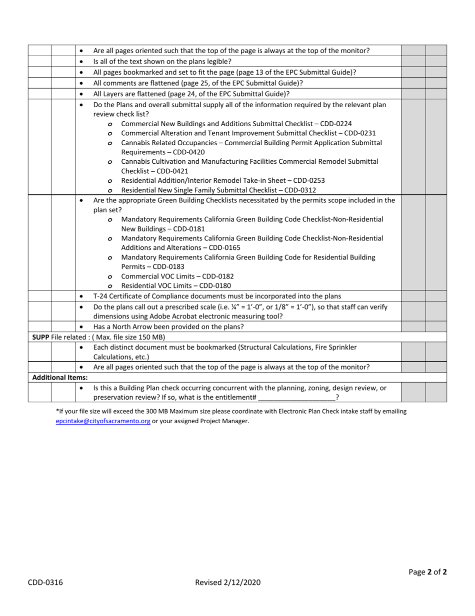 Form CDD-0316 Electronic Plan Check (Epc) Submittal Verification Checklist - City of Sacramento, California, Page 2