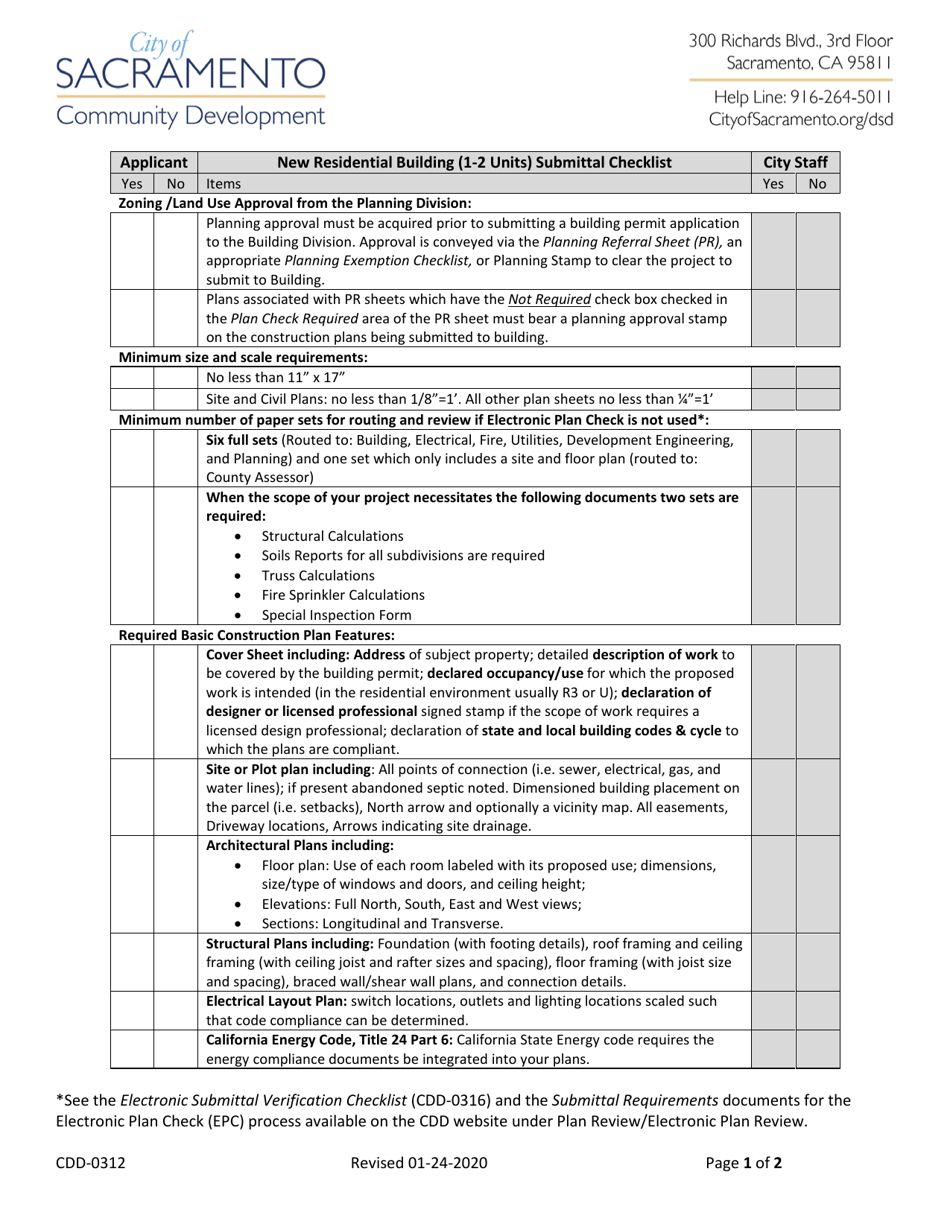 Form CDD-0312 New Residential Building (1-2 Units) Submittal Checklist - City of Sacramento, California, Page 1