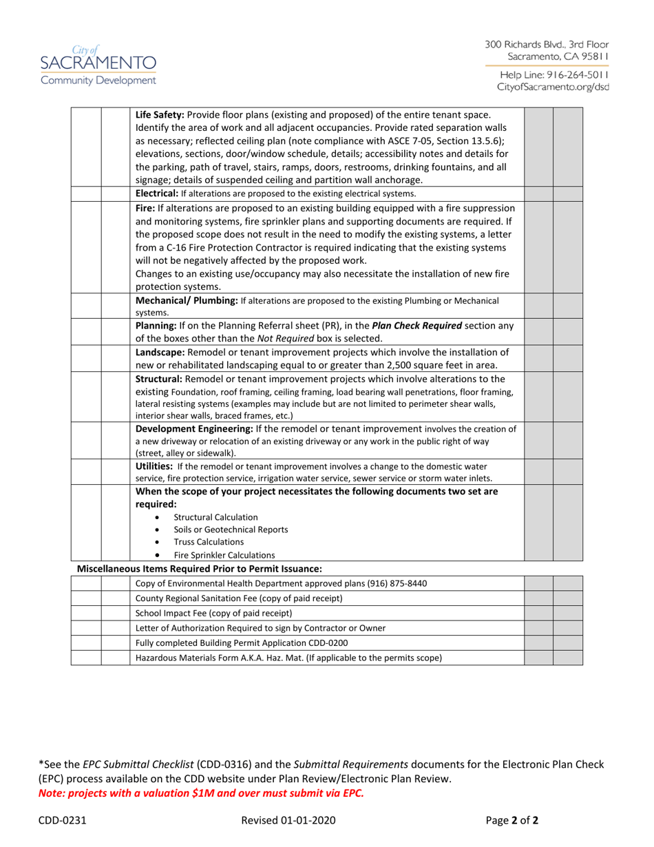Form CDD-0231 Remodel and Tenant Improvement Submittal Checklist (Commercial) - City of Sacramento, California, Page 2