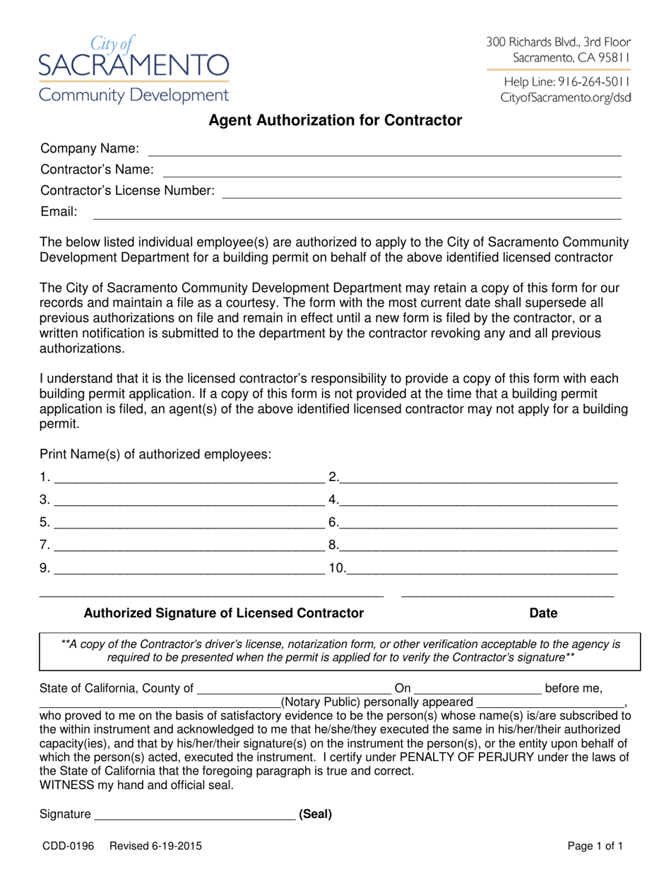 Form CDD-0196 Agent Authorization for Contractor - City of Sacramento, California, Page 1