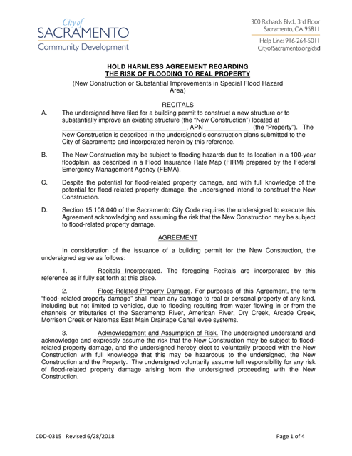 Form CDD-0315 Hold Harmless Agreement Regarding the Risk of Flooding to Real Property - City of Sacramento, California