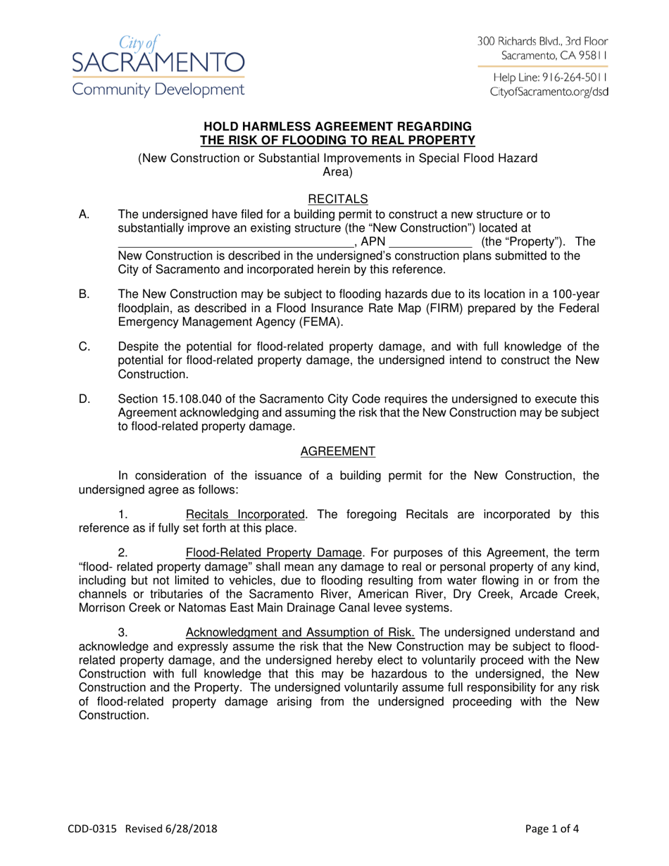 Form CDD-0315 Hold Harmless Agreement Regarding the Risk of Flooding to Real Property - City of Sacramento, California, Page 1