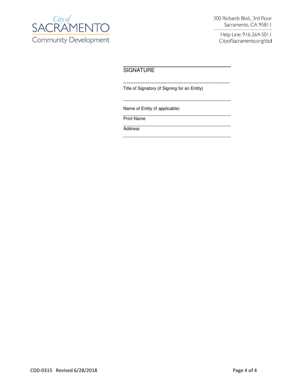 Form CDD-0315 Hold Harmless Agreement Regarding the Risk of Flooding to Real Property - City of Sacramento, California, Page 4