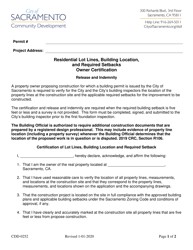 Document preview: Form CDD-0252 Residential Lot Lines, Building Location, and Required Setbacks Owner Certification - City of Sacramento, California
