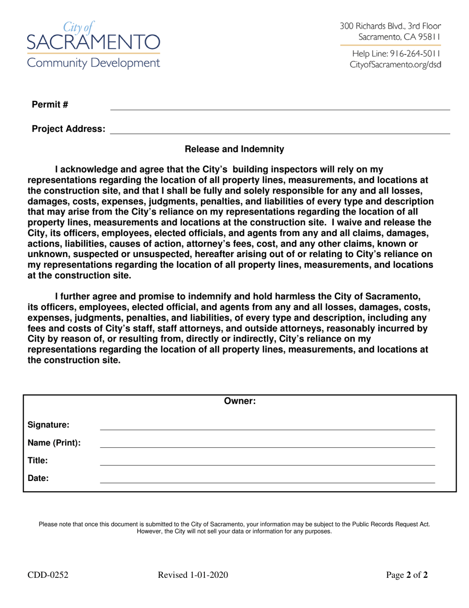 Form CDD-0252 Residential Lot Lines, Building Location, and Required Setbacks Owner Certification - City of Sacramento, California, Page 2