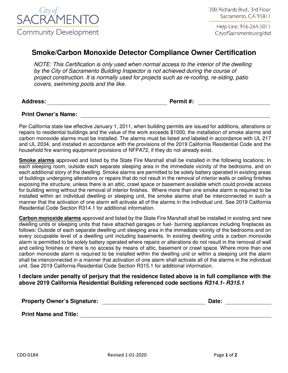 Form CDD-0184 Smoke / Carbon Monoxide Detector Compliance Owner Certification - City of Sacramento, California, Page 1