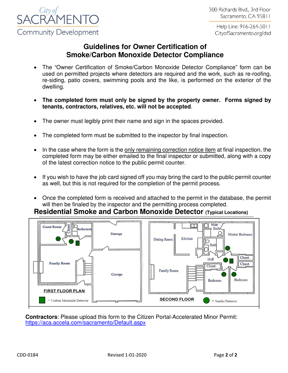 Form CDD-0184 Smoke / Carbon Monoxide Detector Compliance Owner Certification - City of Sacramento, California, Page 2