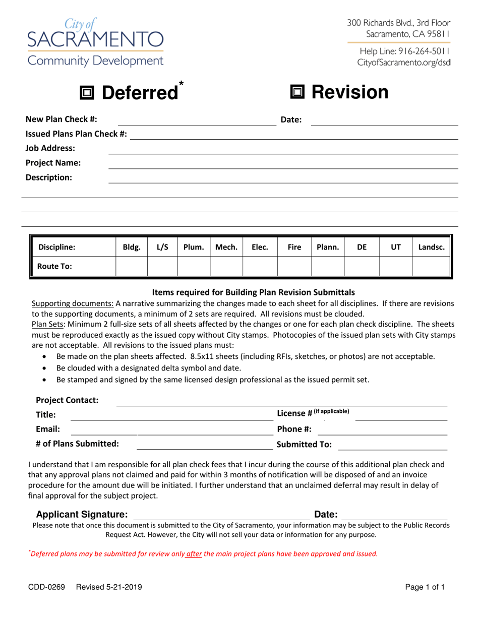 Form CDD-0269 Deferred / Revision Submittal Form - City of Sacramento, California, Page 1