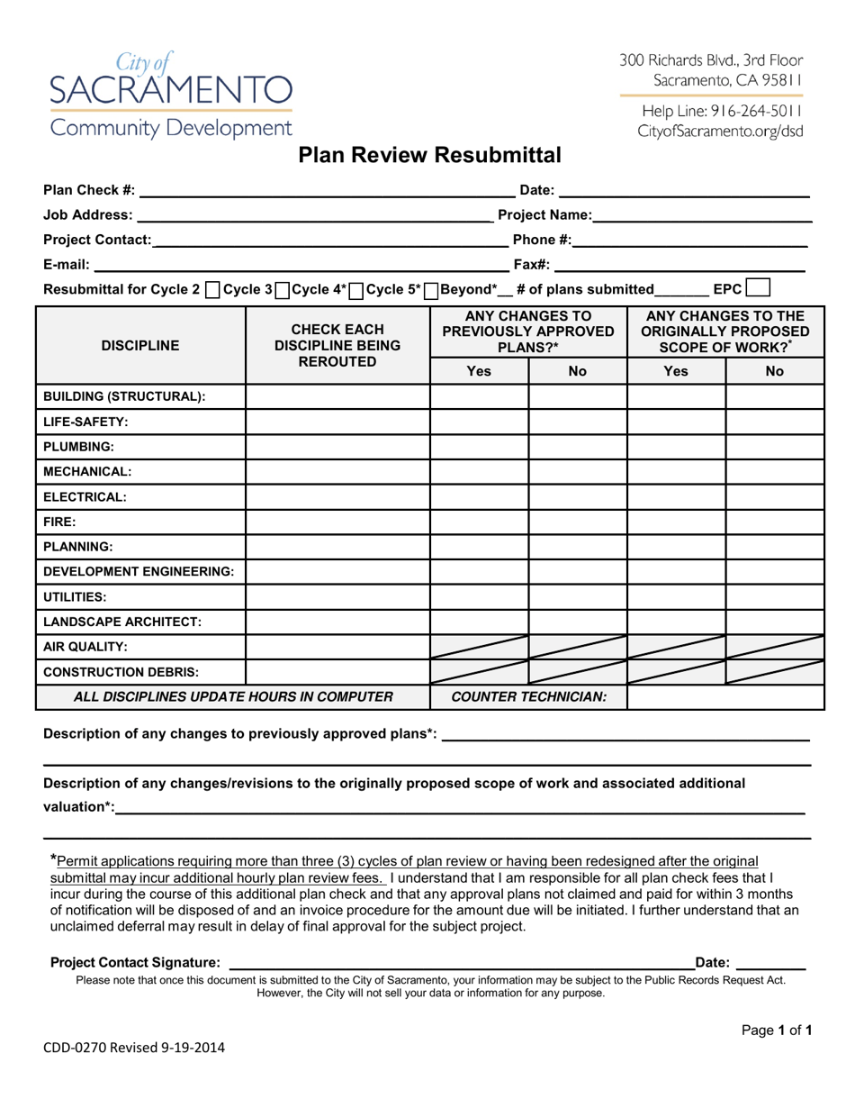 Form CDD-0270 Plan Review Resubmittal - City of Sacramento, California, Page 1