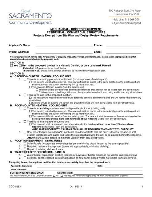 Form CDD-0283 Over the Counter Approval Form for Mechanical Rooftop Equipment - City of Sacramento, California