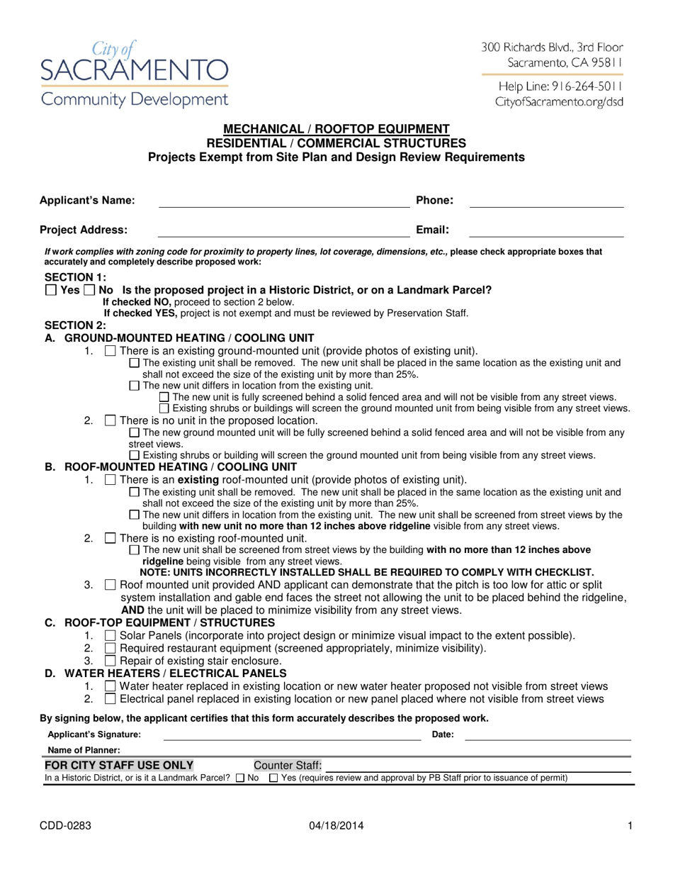 Form CDD-0283 Over the Counter Approval Form for Mechanical Rooftop Equipment - City of Sacramento, California, Page 1