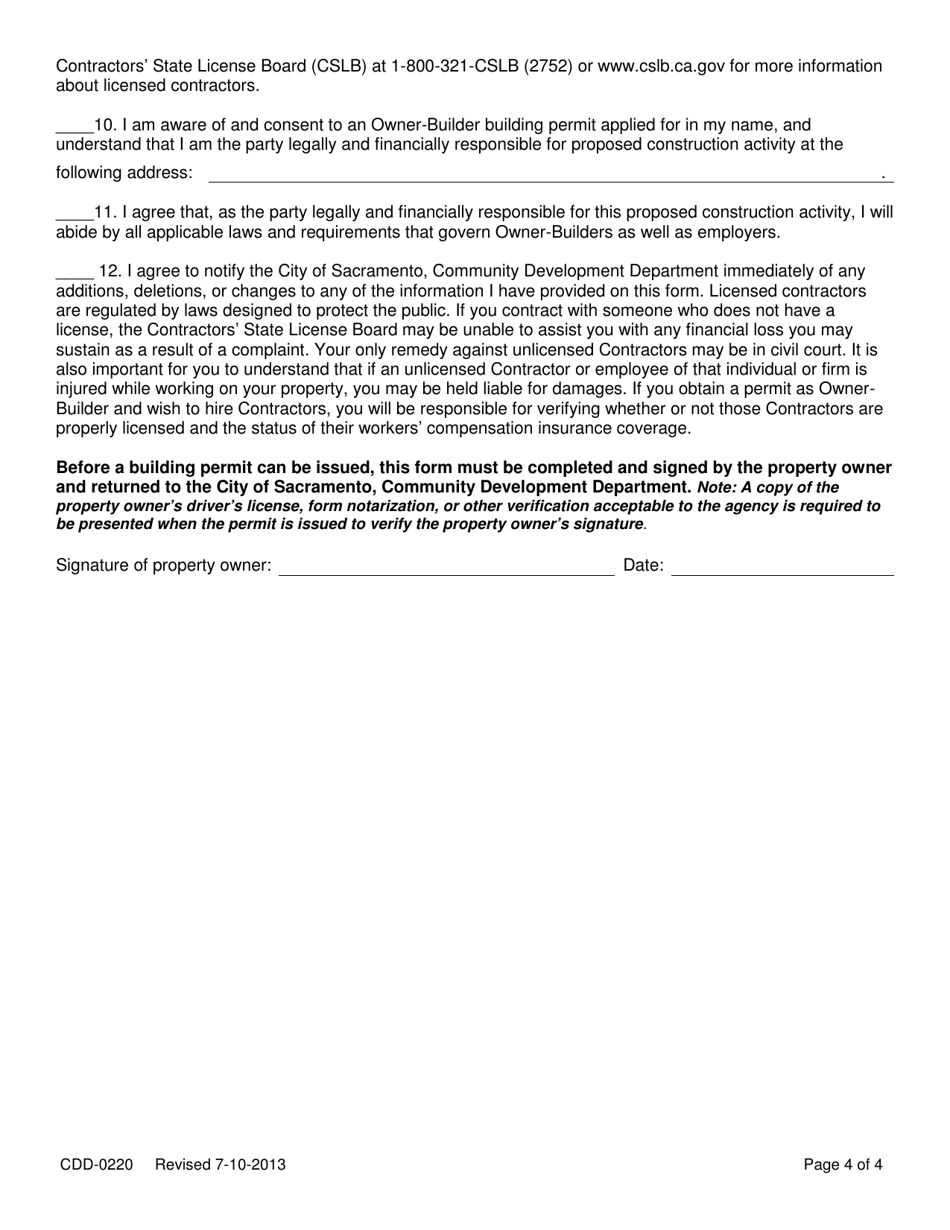 Form CDD-0220 Form for Owner-Builders Applying for Construction Permits - City of Sacramento, California, Page 4