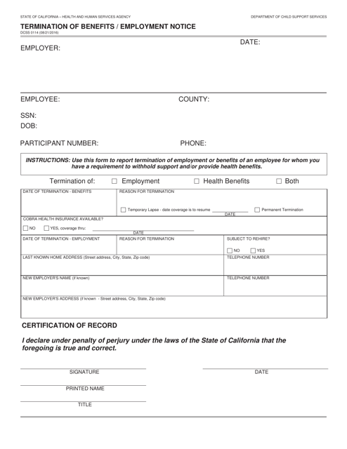 Form DCSS0114 Termination of Benefits/Employment Notice - California