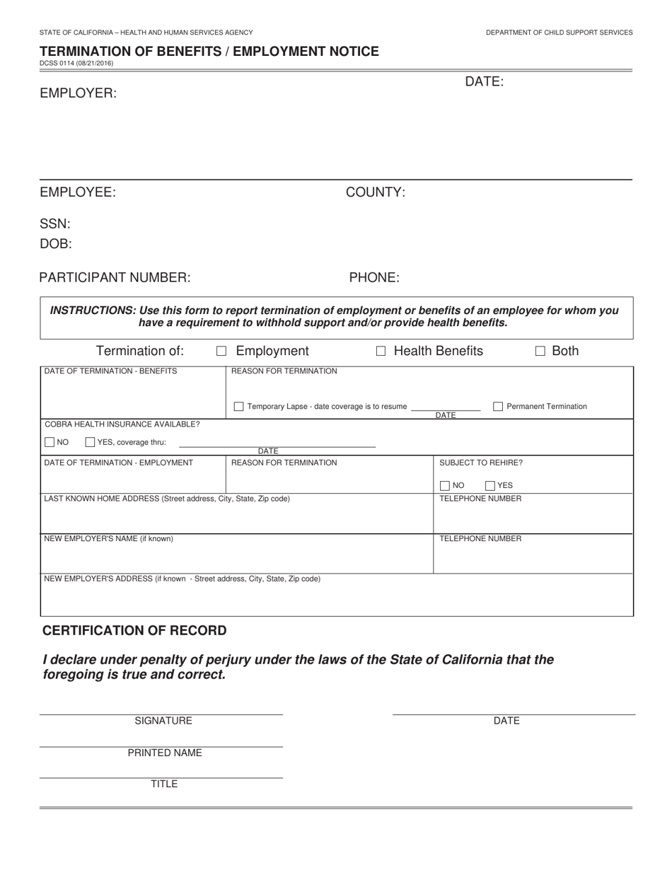 Form DCSS0114 Termination of Benefits / Employment Notice - California, Page 1