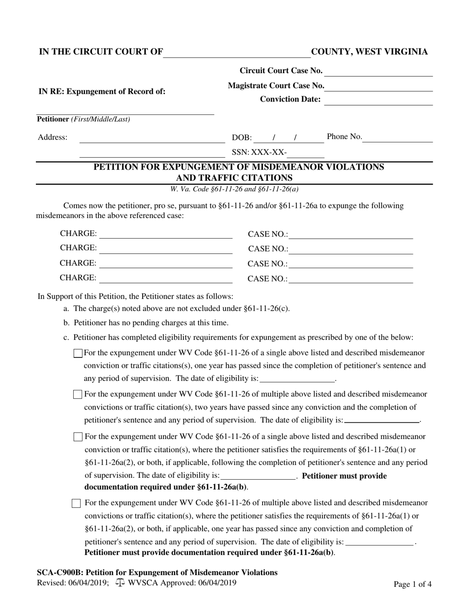 Form SCA-C900B Petition for Expungement of Misdemeanor Violations and Traffic Citations - West Virginia, Page 1
