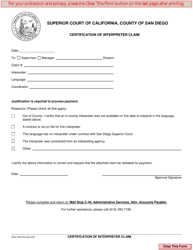 Document preview: Form ADM-249 Certification of Interpreter Claim - County of San Diego, California