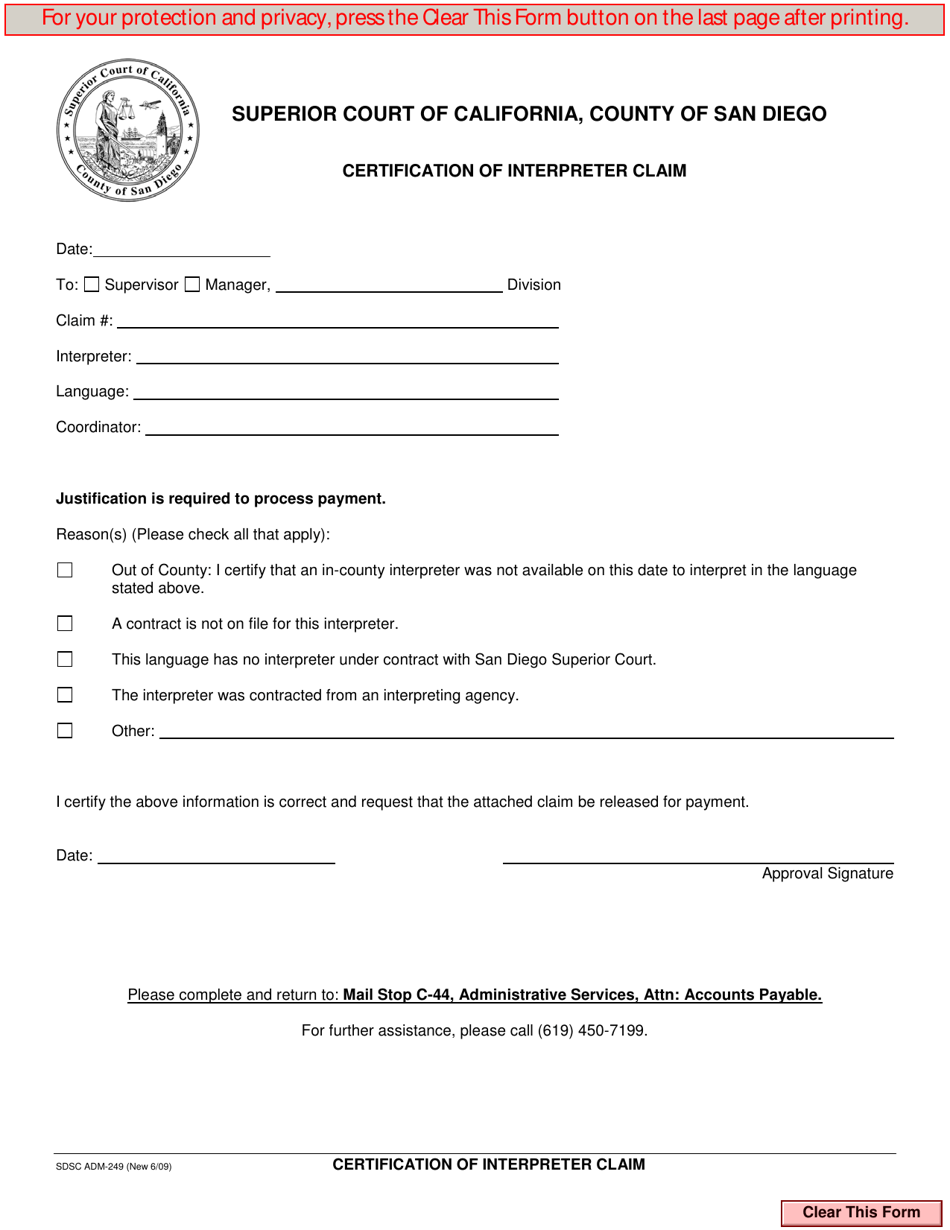 Form ADM-249 Certification of Interpreter Claim - County of San Diego, California, Page 1