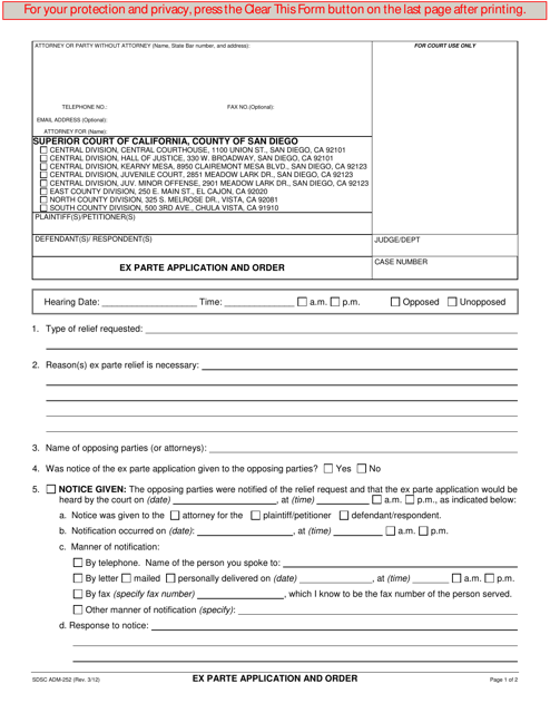 Form ADM-252 Ex Parte Application and Order - County of San Diego, California