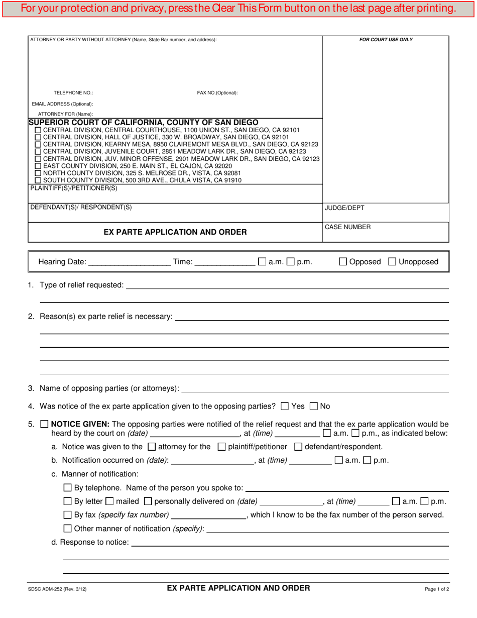 Form ADM-252 Ex Parte Application and Order - County of San Diego, California, Page 1