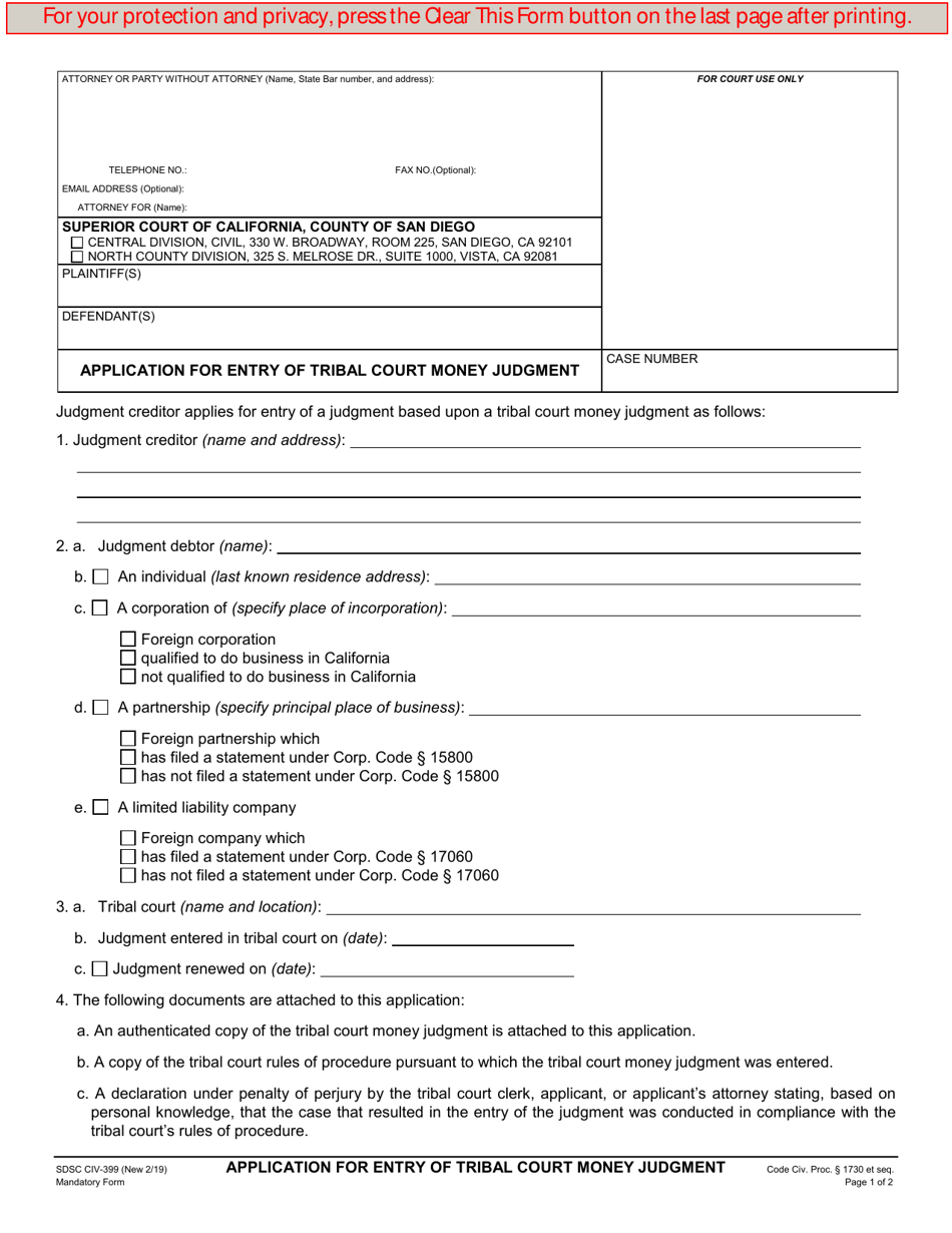 Form CIV-399 Application for Entry of Tribal Court Money Judgment - County of San Diego, California, Page 1