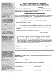 Document preview: Virginia Advance Directive Amendment - Power of My Agent to Authorize Care Over My Objection - Virginia