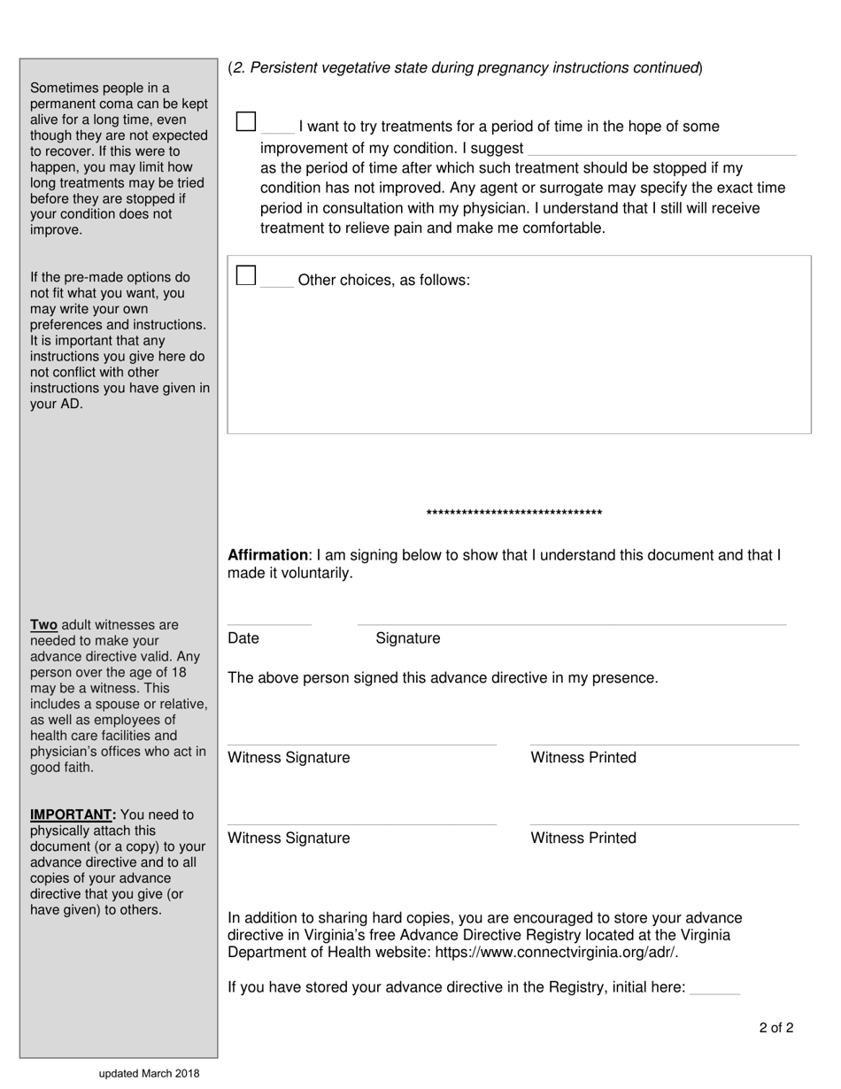 Virginia Advance Directive Amendment - Life-Prolonging Treatments During Pregnancy - Virginia, Page 2
