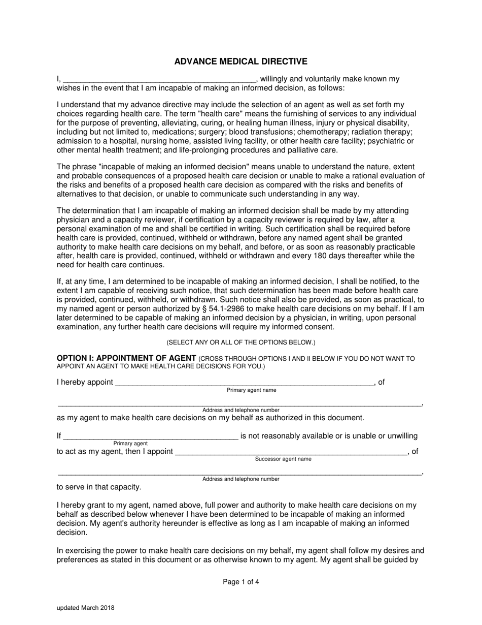 Virginia Advance Medical Directive for Healthcare Decisions Day - Virginia, Page 1