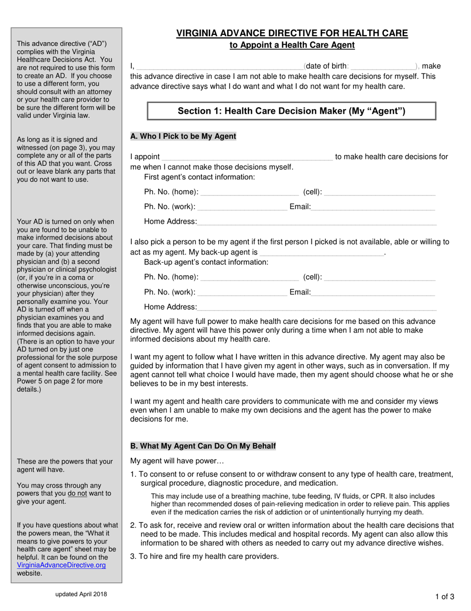 Virginia Advance Directive for Health Care to Appoint a Healthcare Agent - Virginia, Page 1