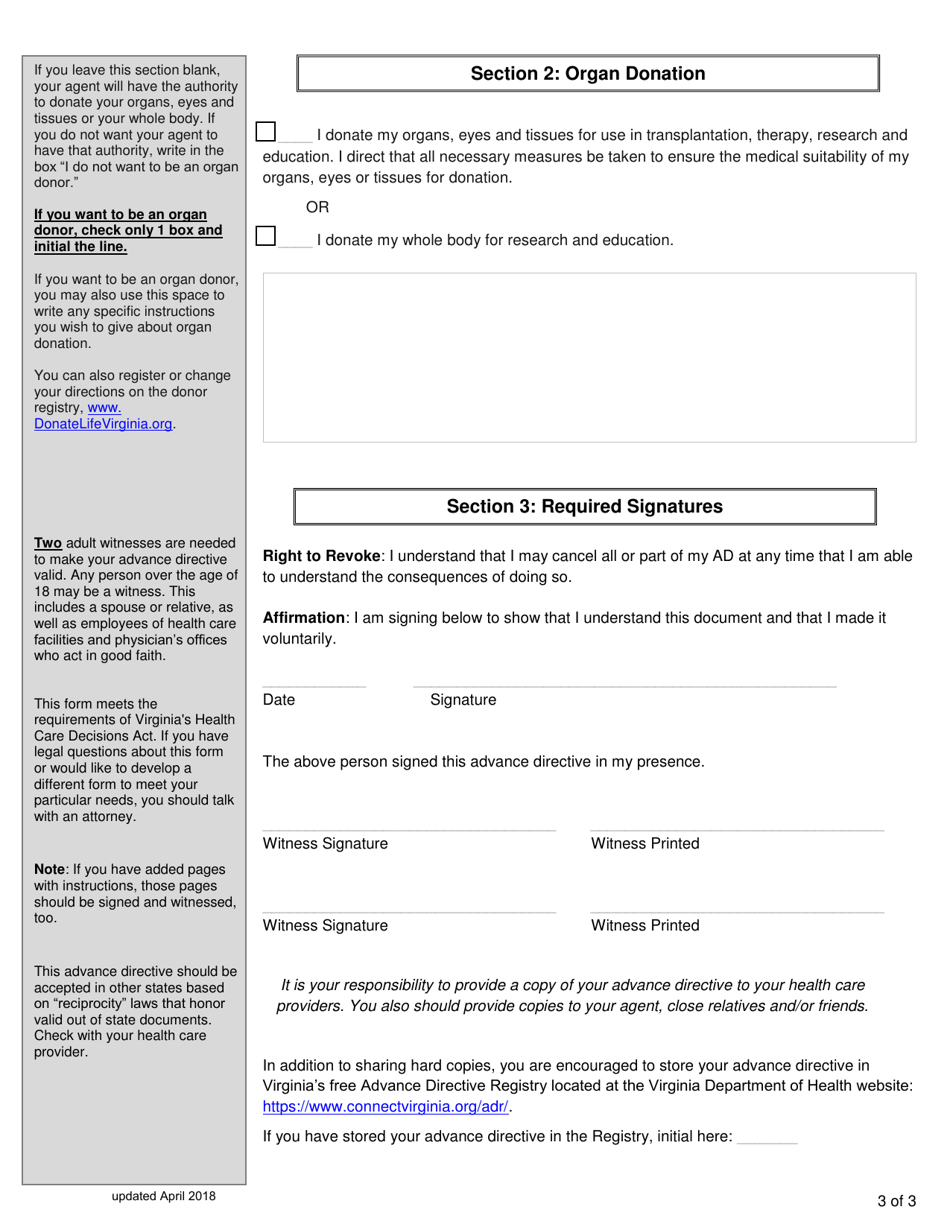 Virginia Advance Directive for Health Care to Appoint a Healthcare Agent - Virginia, Page 3