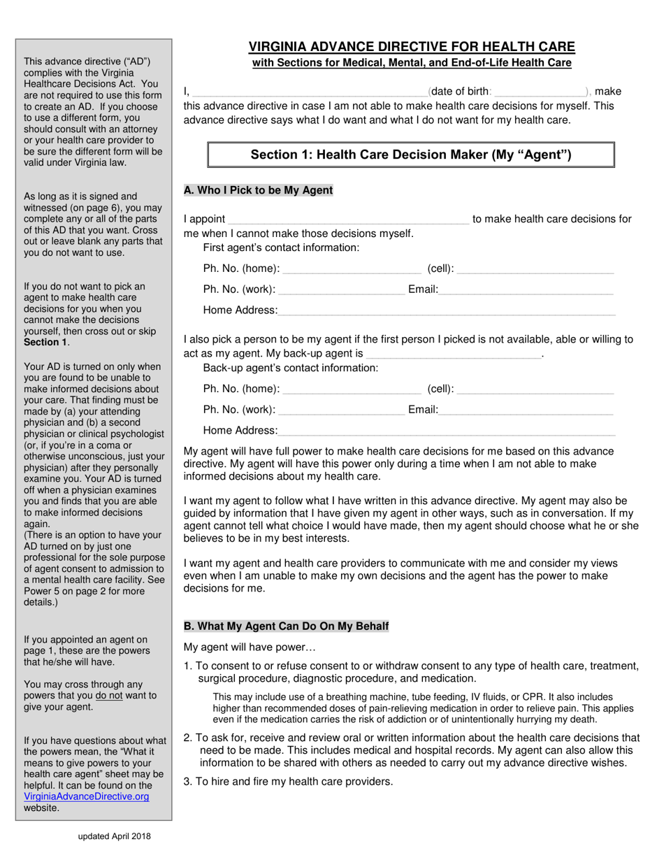 Virginia Advance Directive Form for Healthcare With Sections for Medical, Mental, and End-Of-Life Care - Short - Virginia, Page 1