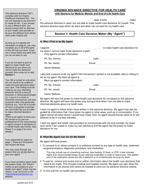 Virginia Advance Directive Form for Healthcare With Sections for Medical, Mental, and End-Of-Life Care - Short - Virginia Download Pdf