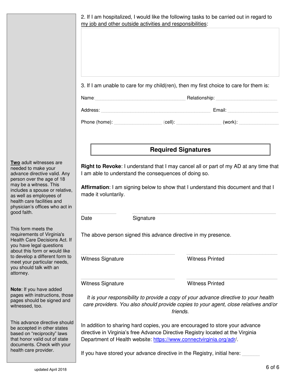 Virginia Virginia Advance Directive Form for Mental Health Care Fill