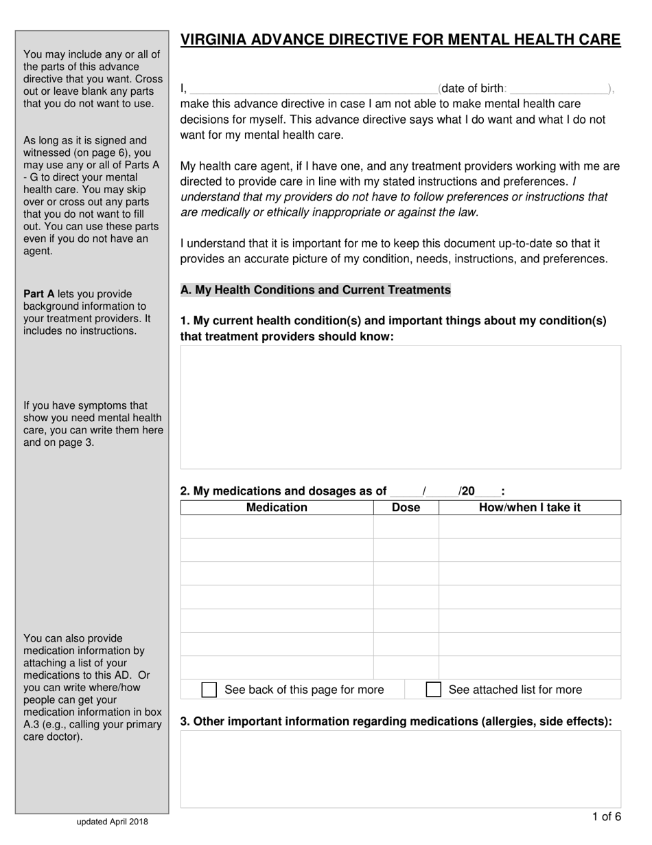 Virginia Virginia Advance Directive Form for Mental Health Care Fill