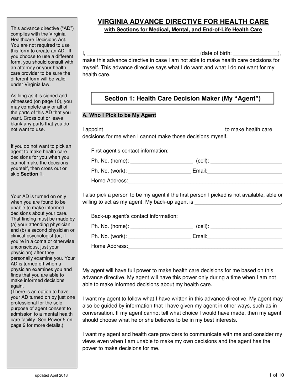 Virginia Advance Directive Form for Health Care With Sections for Medical, Mental, and End-Of-Life Care - Full - Virginia, Page 1
