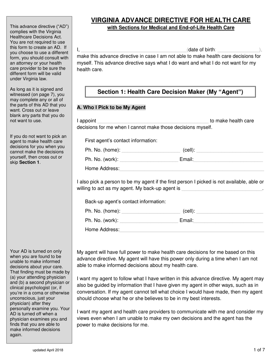 Virginia Advance Directive Form for Healthcare With Sections for Medical and End-Of-Life Care - Virginia, Page 1