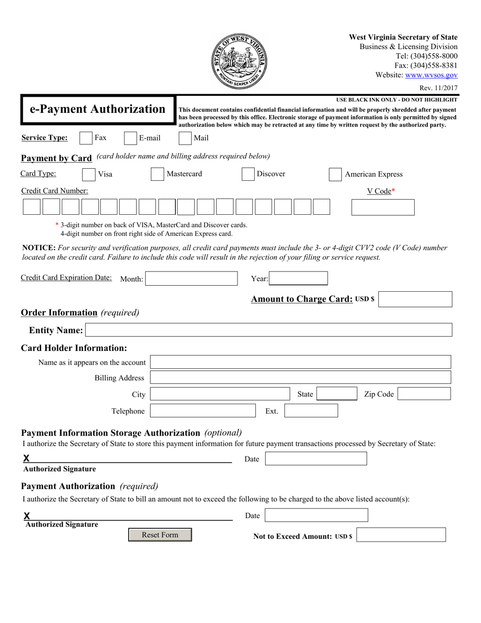 E-Payment Authorization - West Virginia, Page 1