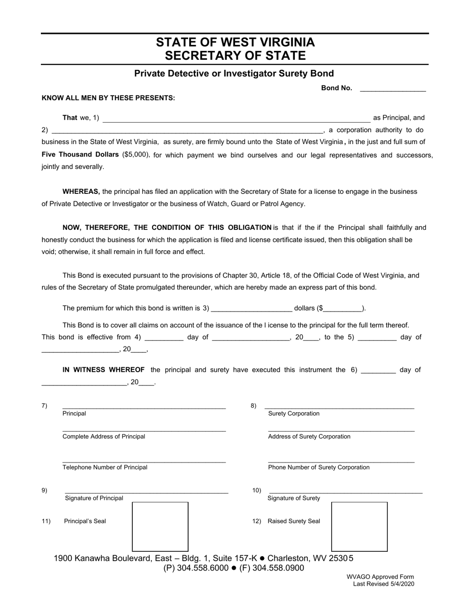 West Virginia Private Detective or Investigator Surety Bond Fill Out