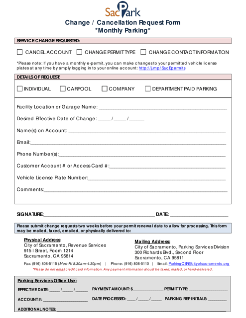 Monthly Parking Change / Cancellation Request Form - City of Sacramento, California Download Pdf