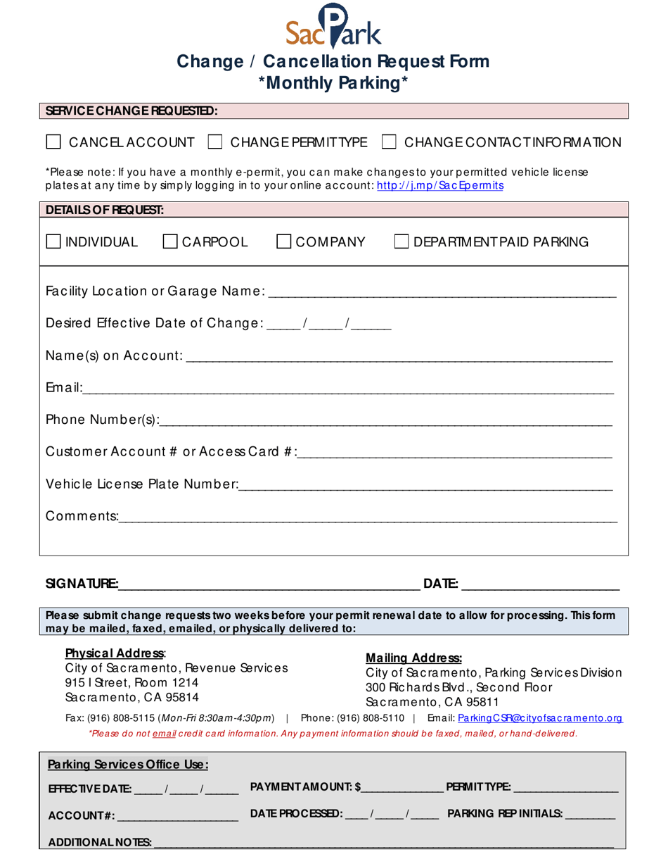 Monthly Parking Change / Cancellation Request Form - City of Sacramento, California, Page 1