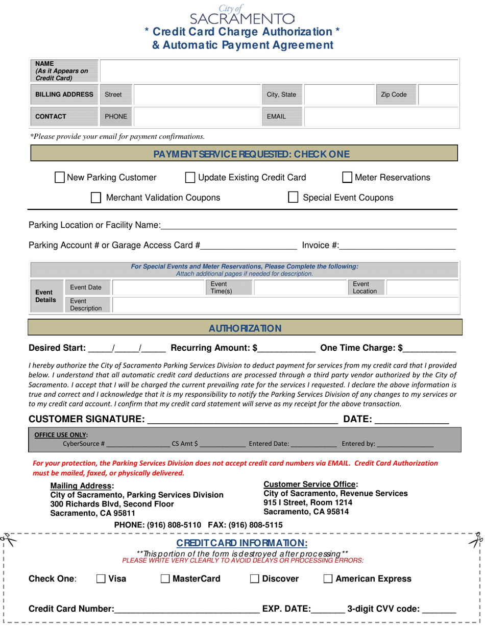 Credit Card Charge Authorization and Automatic Payment Agreement - City of Sacramento, California, Page 1